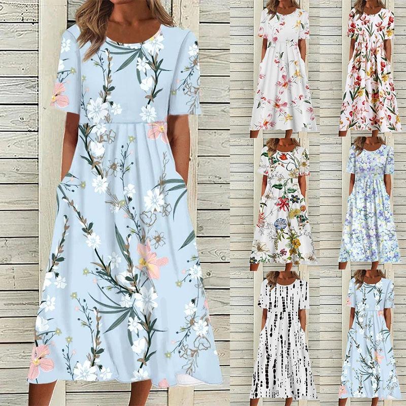 Casual O Neck Pockets Printed Loose Dresses for Women Plus Size Summer New Short Sleeve Women's Dress Fashion Elegant Vintage Floral Long Dress 3364