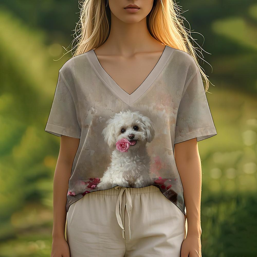 Summer Women's T-Shirt Oil Painting Puppy Print Casual Short-Sleeved 3d T-Shirt Fashion Street Wear V-Neck Pullover Oversized Wo