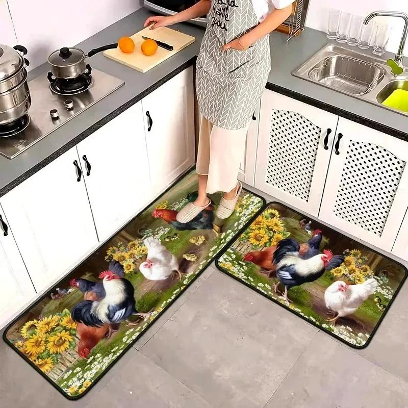 Hot Rooster Print Kitchen Mat Farmhouse Laundry Rug Carpet for Living Room Decor Lounge Area Nonslip Floor Mat Entrance Doormat