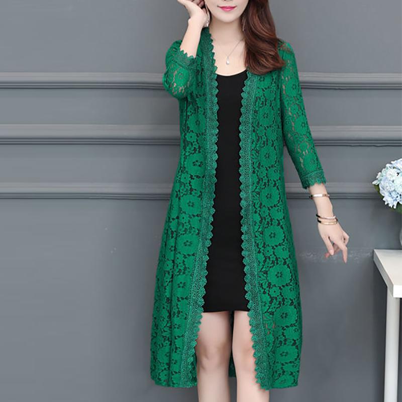 Spitzen-Cardigan, mittellanger Sommer-Mesh-Schal mit lockerer Sonnenschutzkleidung über dem Knie, Damen-Jackenhemd