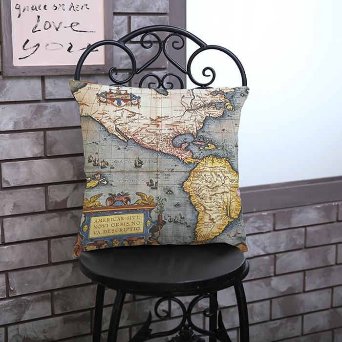 Vintage Ocean Map Pattern Cushion Cover Retro World Nautical Maps Cotton Linen Sofa Decoration Throw Pillow Case Cojines