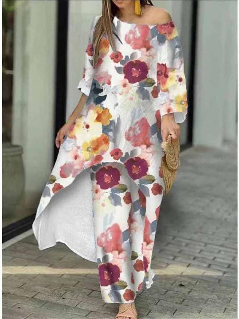 

2026 Women s Plus Size Irregular Print Two-Piece Set with Nine-Sleeve Top and Straight-Leg Pants 2X Large
