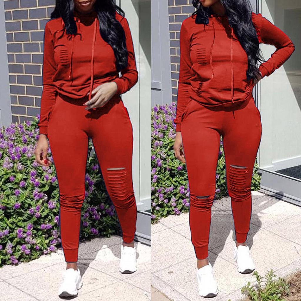 Fashion Womens Long Sleeve Hole Pocket Hoodies Drawstring Pants Loose Tops Set