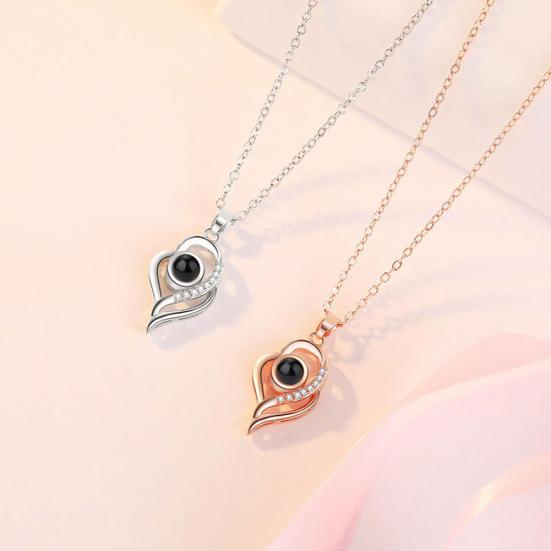 I Love You In 100 Languages Rhinestone Inlaid Hollow Heart Projection Necklace