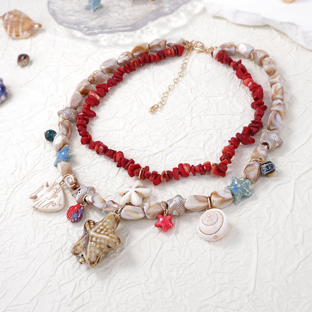 Personality Trend Leisure Ocean Resort Wind Double Layer Stacked Turquoise Ceramic Starfish Small Fish Pendant Women's Necklace
