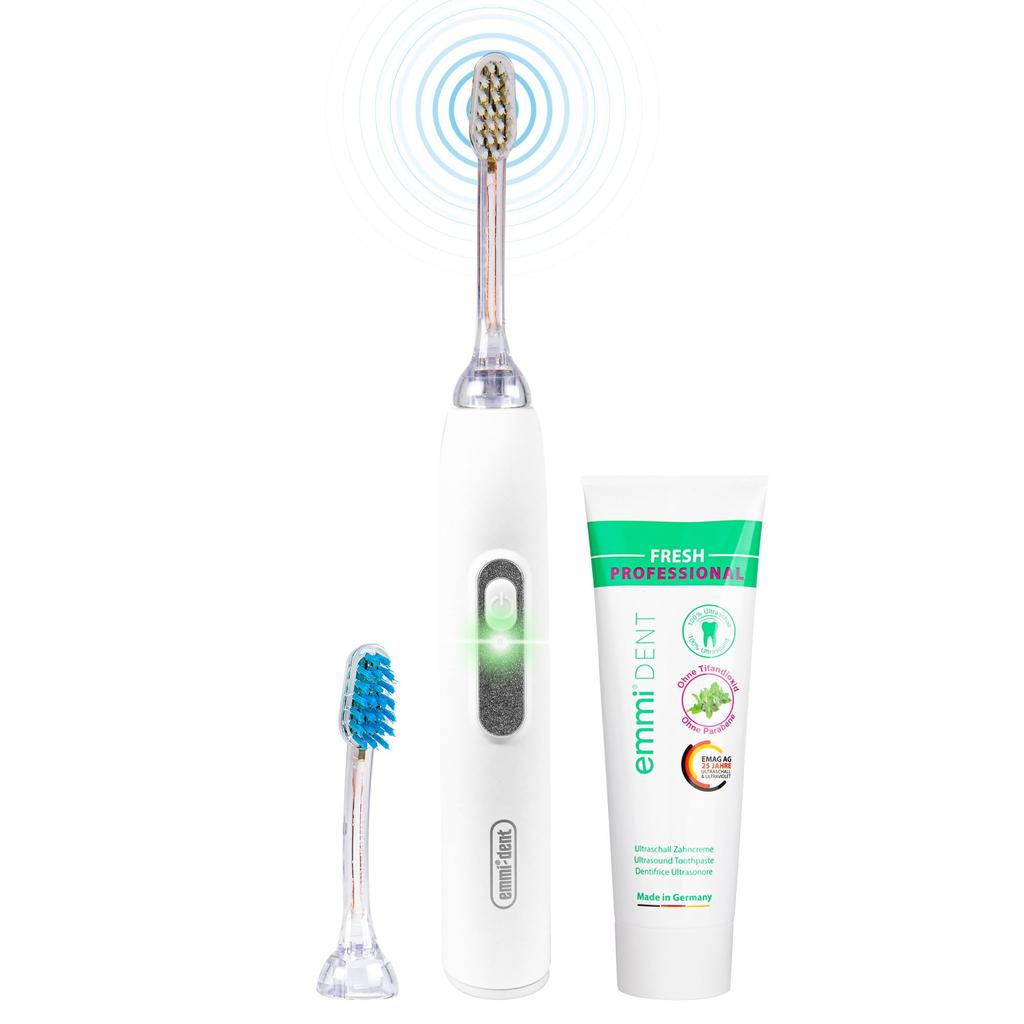 Metallic Electric Ultrasonic Toothbrush Ideal for Sensitive Teeth and Optimal Cleaning Without Up to 12 Days of Use emmi®-dent (Starter Set, White) -