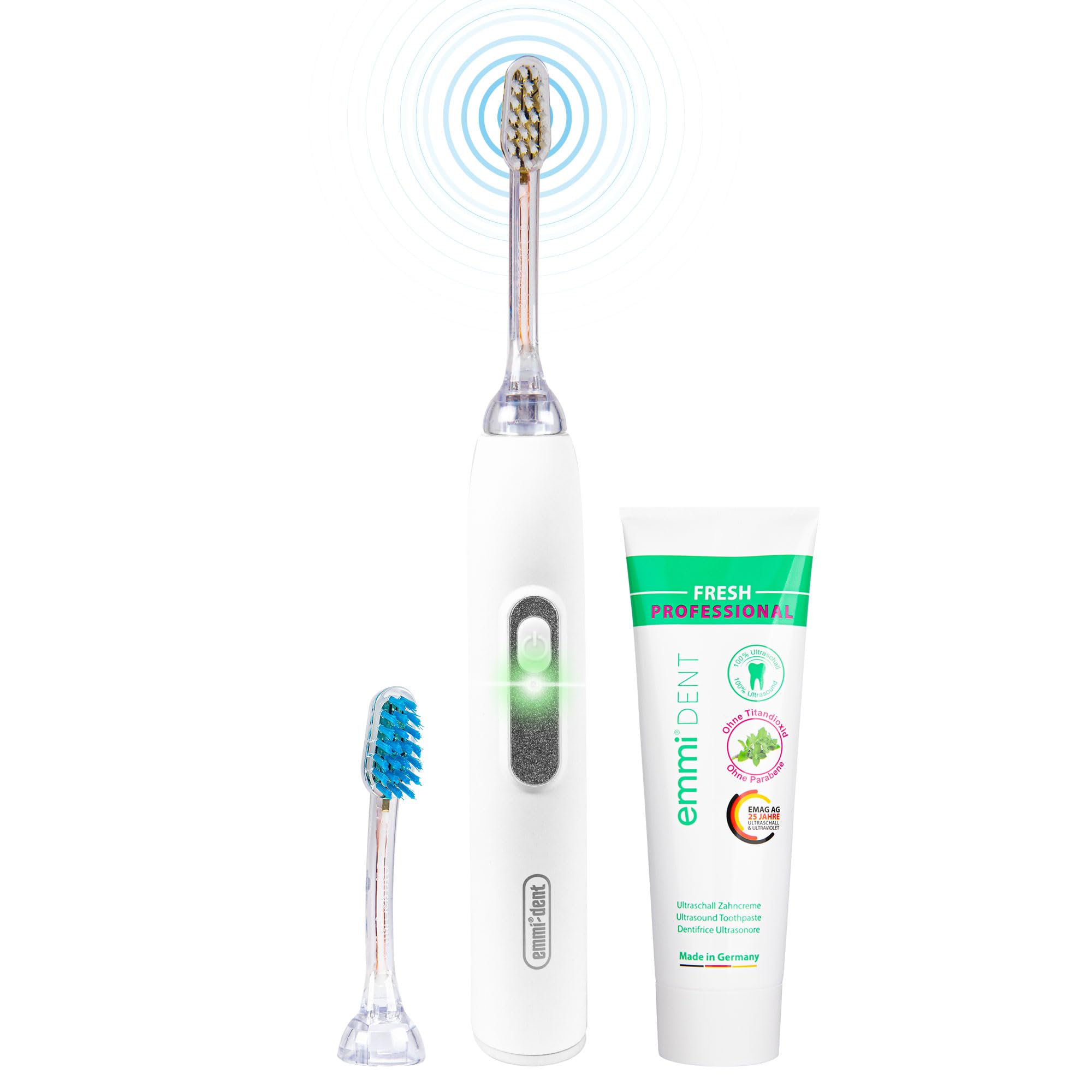 

Металлическая электрическая ультразвуковая зубная щетка Идеальна для чувствительных зубов и оптимальной чистки Без до 12 дней использования emmi®-dent (Стартовый набор, Белый) -