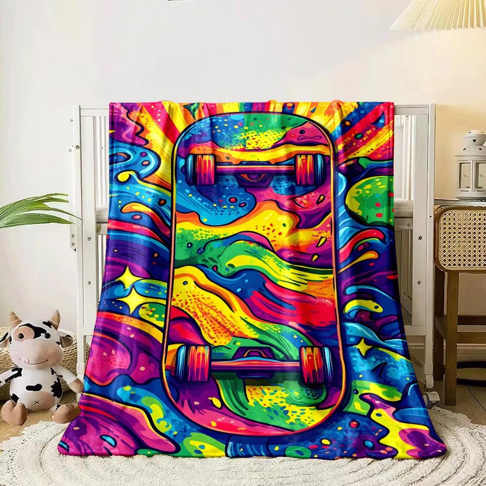 Vivid swirling patterns in rainbow colors surrounding a skateboard design. for all seasons blanket lunch break throw gift
