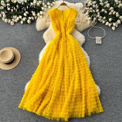 French Gown Women's V-Neck Heavy Pleated Mesh Waisted Puffy Cake Long Dress