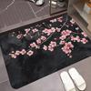 Luxury Pink Plum Blossom On Black Marble Non Slip Area Rug Washable Indoor Floor Mat for Chinoiserie Japanese Zen Home Decor