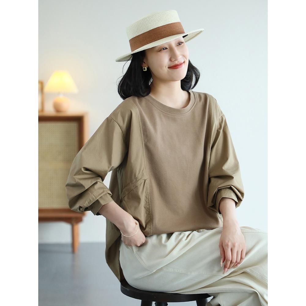 

Dimanaf Весна 2025 Женская футболка с вставками, длинный рукав, свободный топ One size дубильная кора