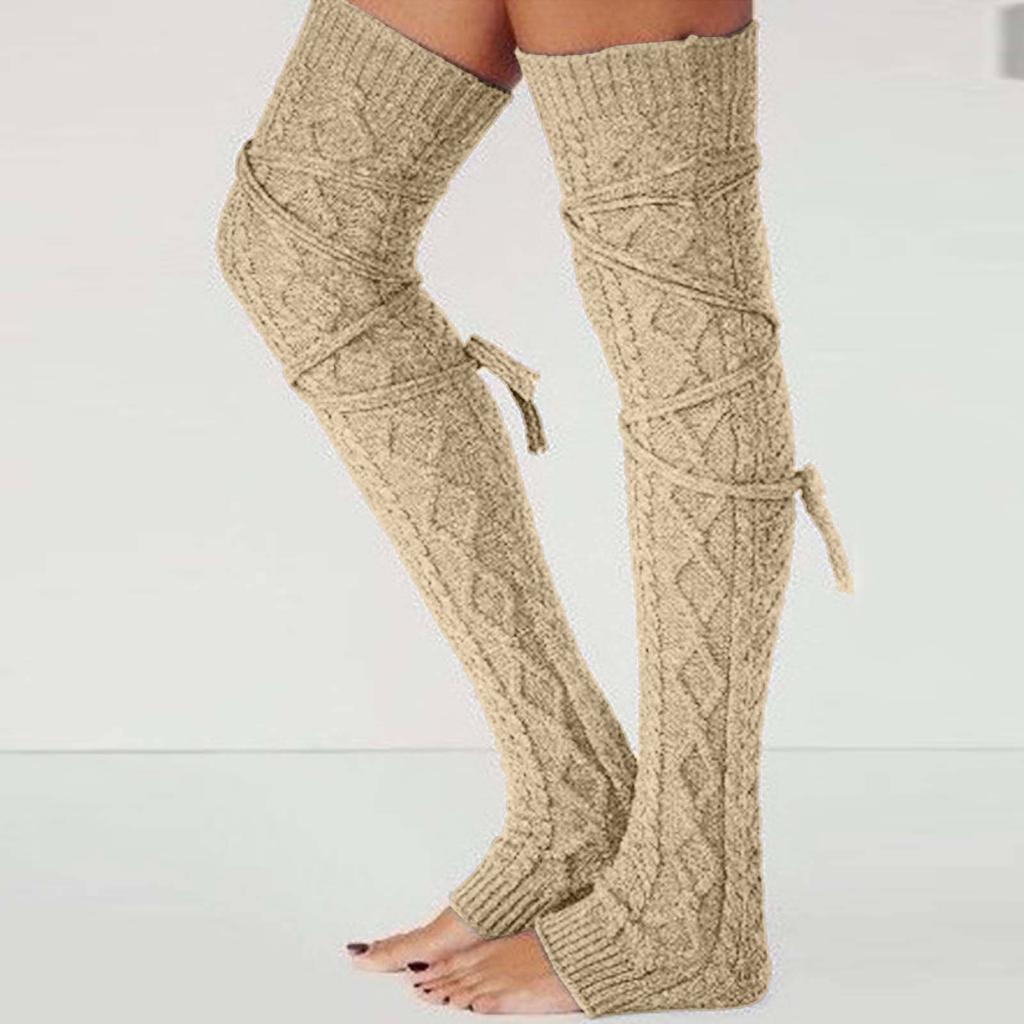 Aquecedores de Pés de Lã Femininos / Meias de Inverno Lisas Acima do Joelho com Cordão Meias Médias Meias Felpudas