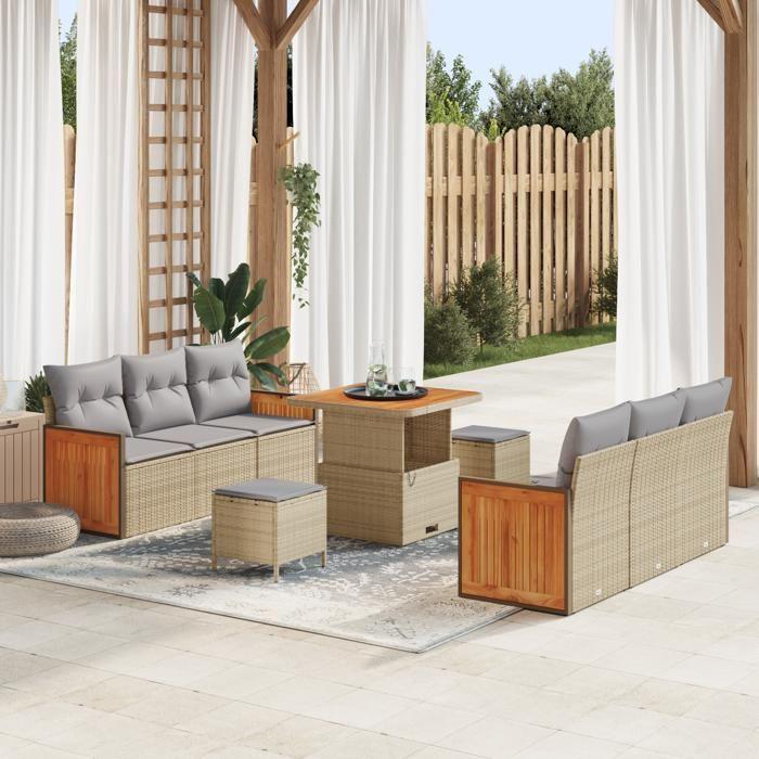 Ensemble de Canapé de Jardin de 9 Pièces avec Coussins Beige Poly Rattan Acacia, Ensemble de Salle à Manger de Jardin de 3 3365207