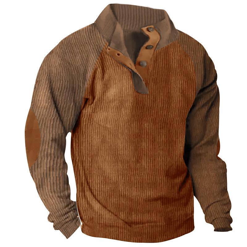 Men's Corduroy Color Block Stand Collar Hoodie - Casual Long Sleeve Top for Spring and Autumn