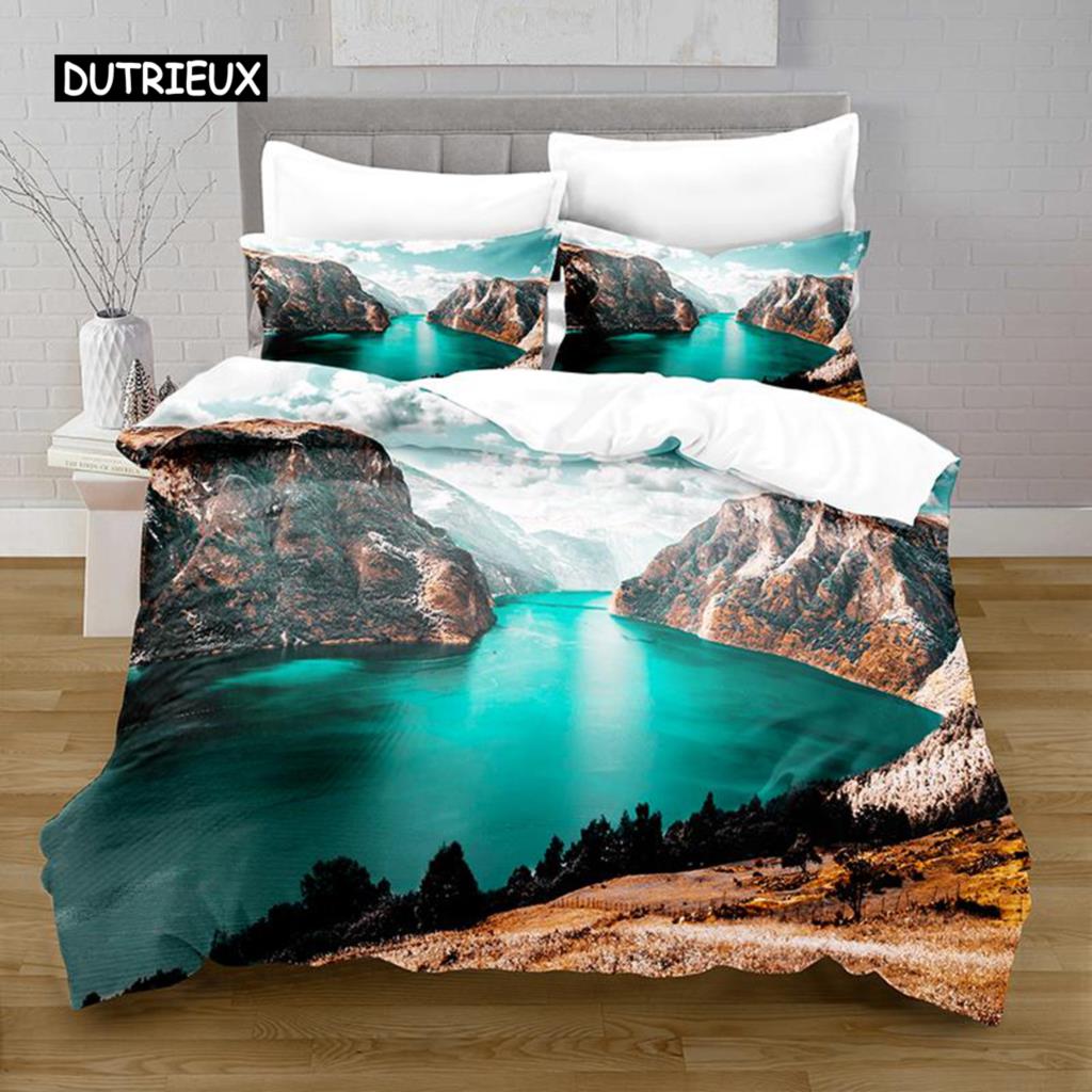 Lake Duvet Cover Set Lake Mountain Peak Stone Pattern Quilt Cover For Teens Adults Natural Scenery Theme Microfiber Bedding Set