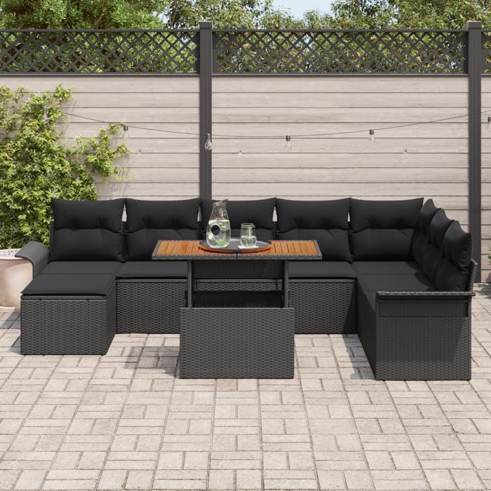 VidaXL Ensemble de salle à manger de jardin 9 pièces avec coussins Noir Poly Rattan Acacia 3349372