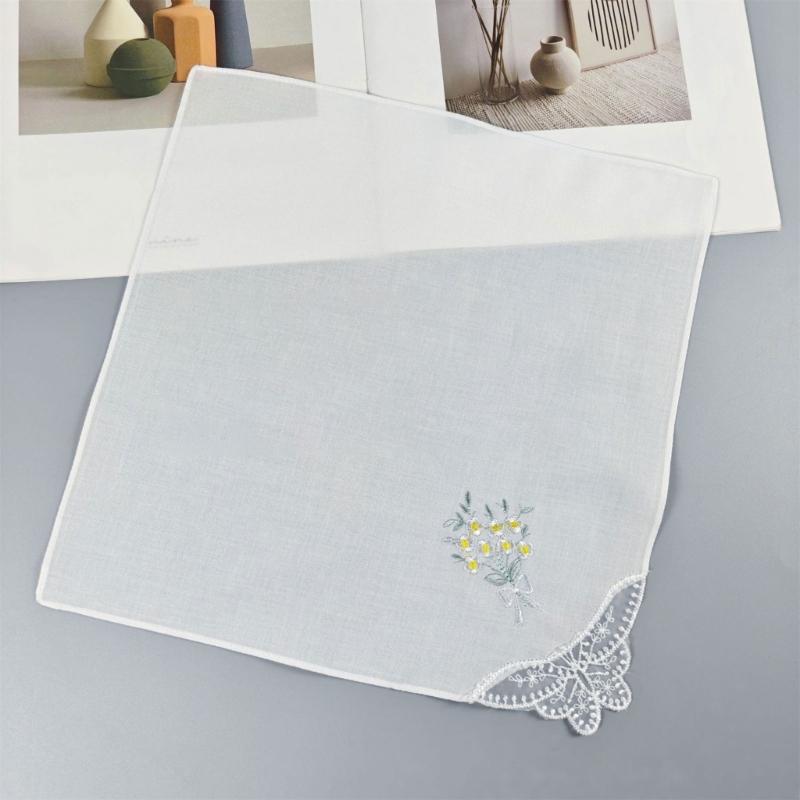 Multicolor Cotton Handkerchiefs Set for Women Embroidered Flower and Butterfly Lace Edge Portable Pocket Square Towel