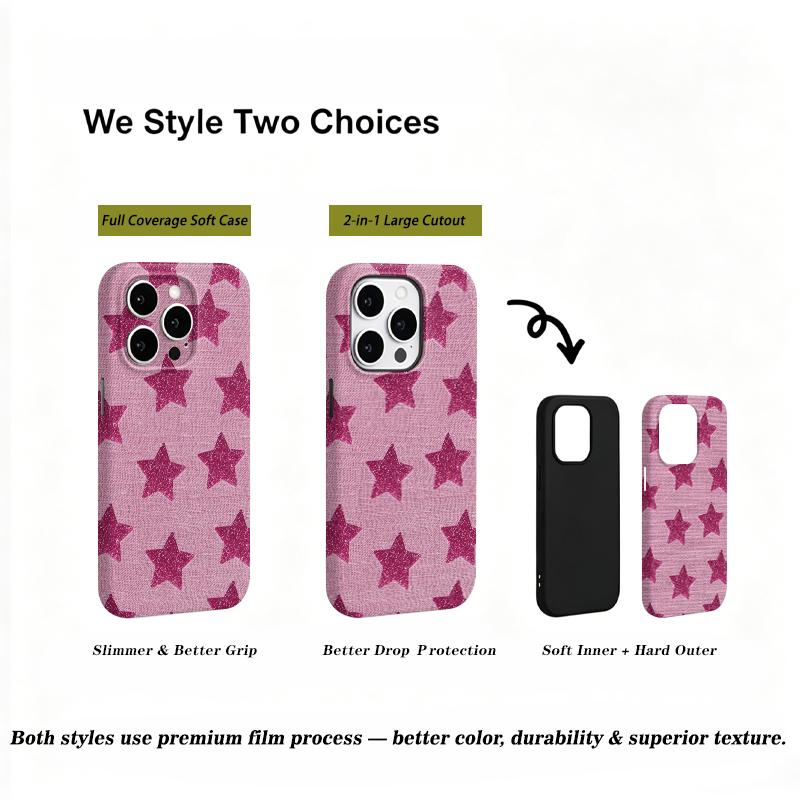 Pink Linen Glitter Star Print Soft Silicone Phone Case Y2K Coquette Cute Girly Aesthetic Shockproof Cover For All Iphone Series