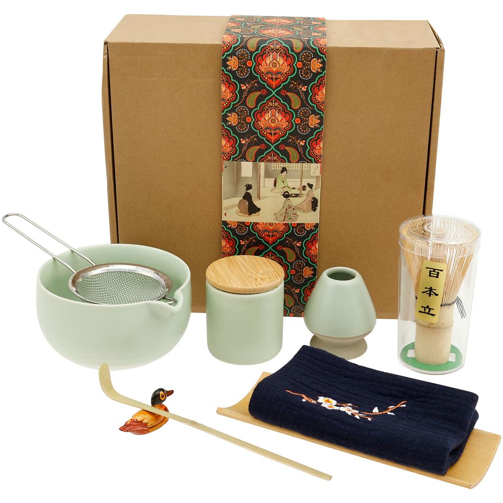 5/7/9Pcs Matcha Whisk Set Elegant Matcha Tea Set Ceramic Bowl Teaspoon Whisk Holder Powder Box Spoon Holder Tea Cloth Tea Sieve