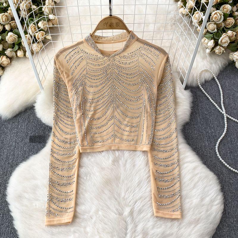 

Spring & Fall Fashion Fashion Sexy Long Sleeves Perspective Diamond Grenadine Slim Fit Slimming T-shirt Female Western Style Shirt Tops Apricot color One size