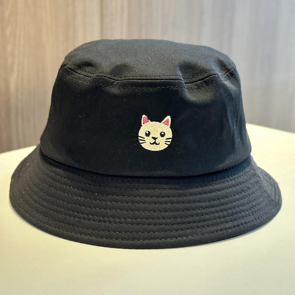 Cat Embroidered Cotton Fisherman Hat With Sun Protection For Casual Summer Wear