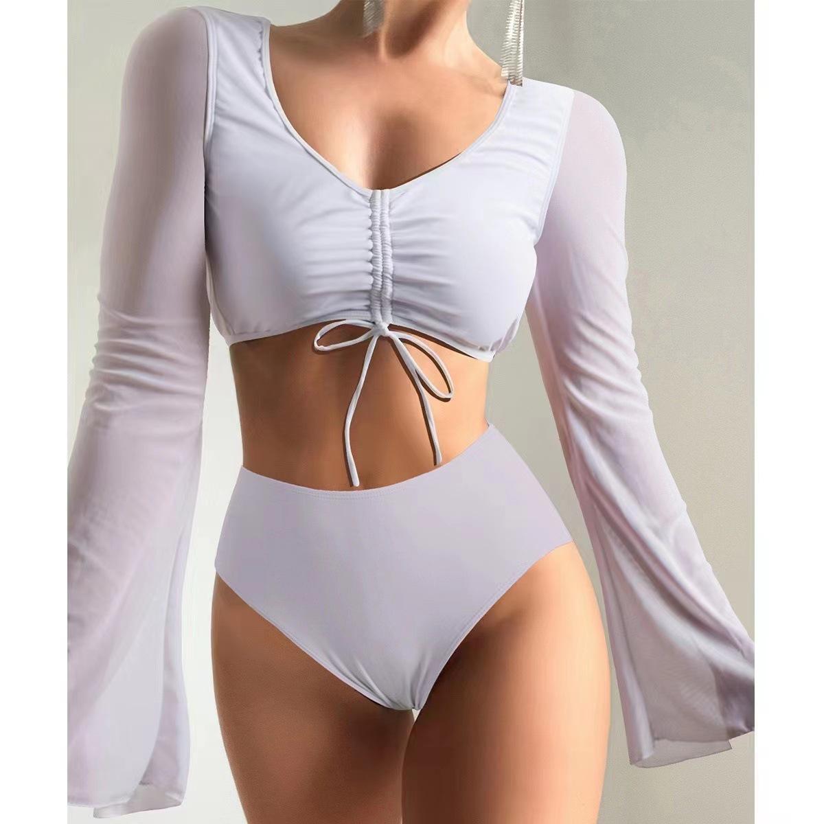 European and American split plain color high waist conservative splicing, yarn swimsuit swimsuit S белый
