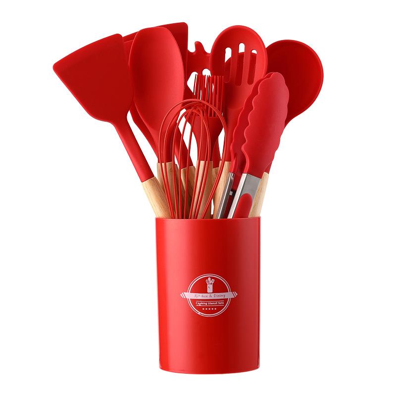 Set da 12 Pezzi di Utensili da Cucina in Silicone con Manici in Legno - Set Spatola e Cucchiaio