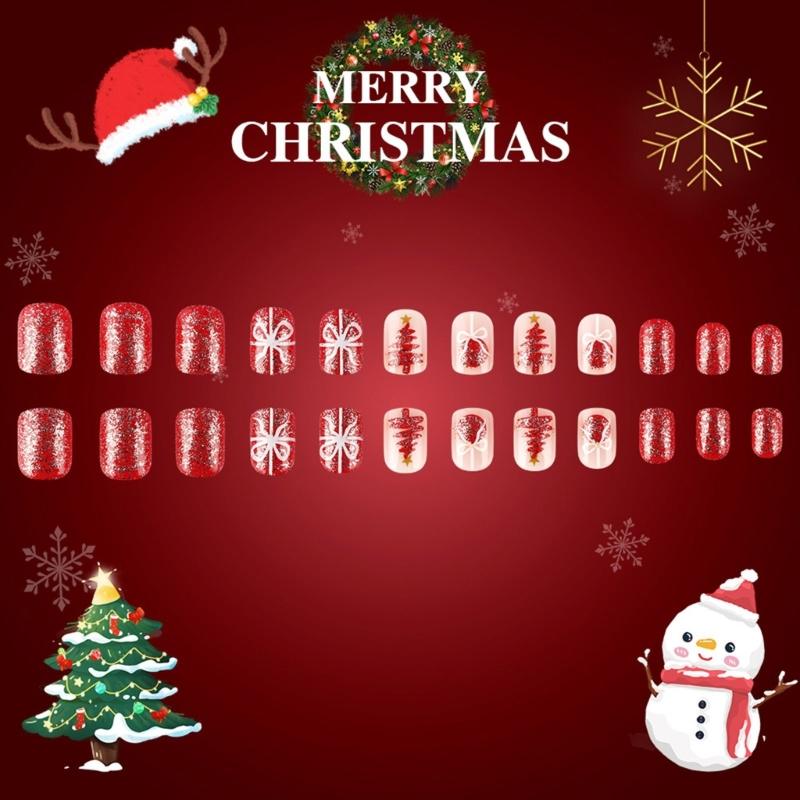 Christmas Snowflake French Nail Set Press on Nails Square Short False Nail Easy Wear for Holiday Parties and Gatherings