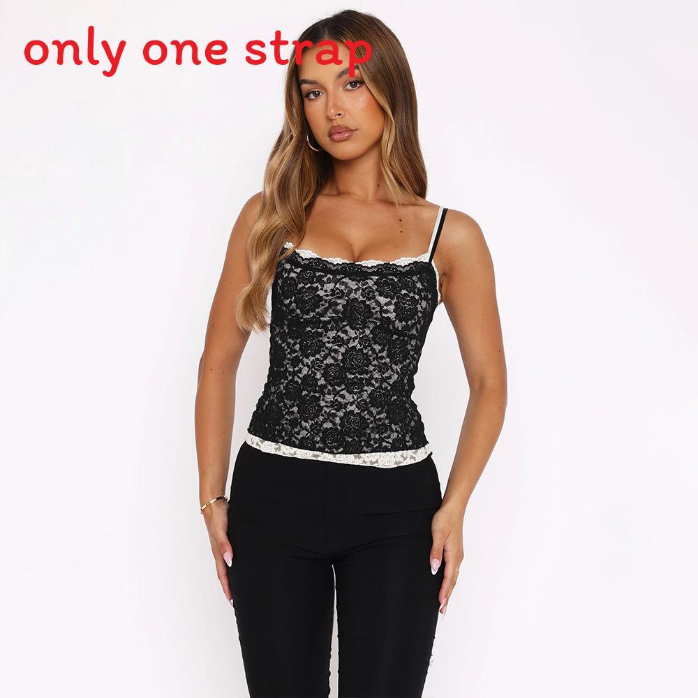 Lace Panel Black Sleeveless Top With Nylon Blend For Adult Night Out Fashion
