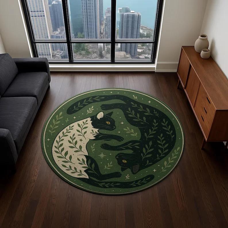 Koty Yin Yang Okrągły Dywan Czarno-Biały Dywan z Kotami w Parze Dywany do Dekoracji Domu Salon Sypialnia