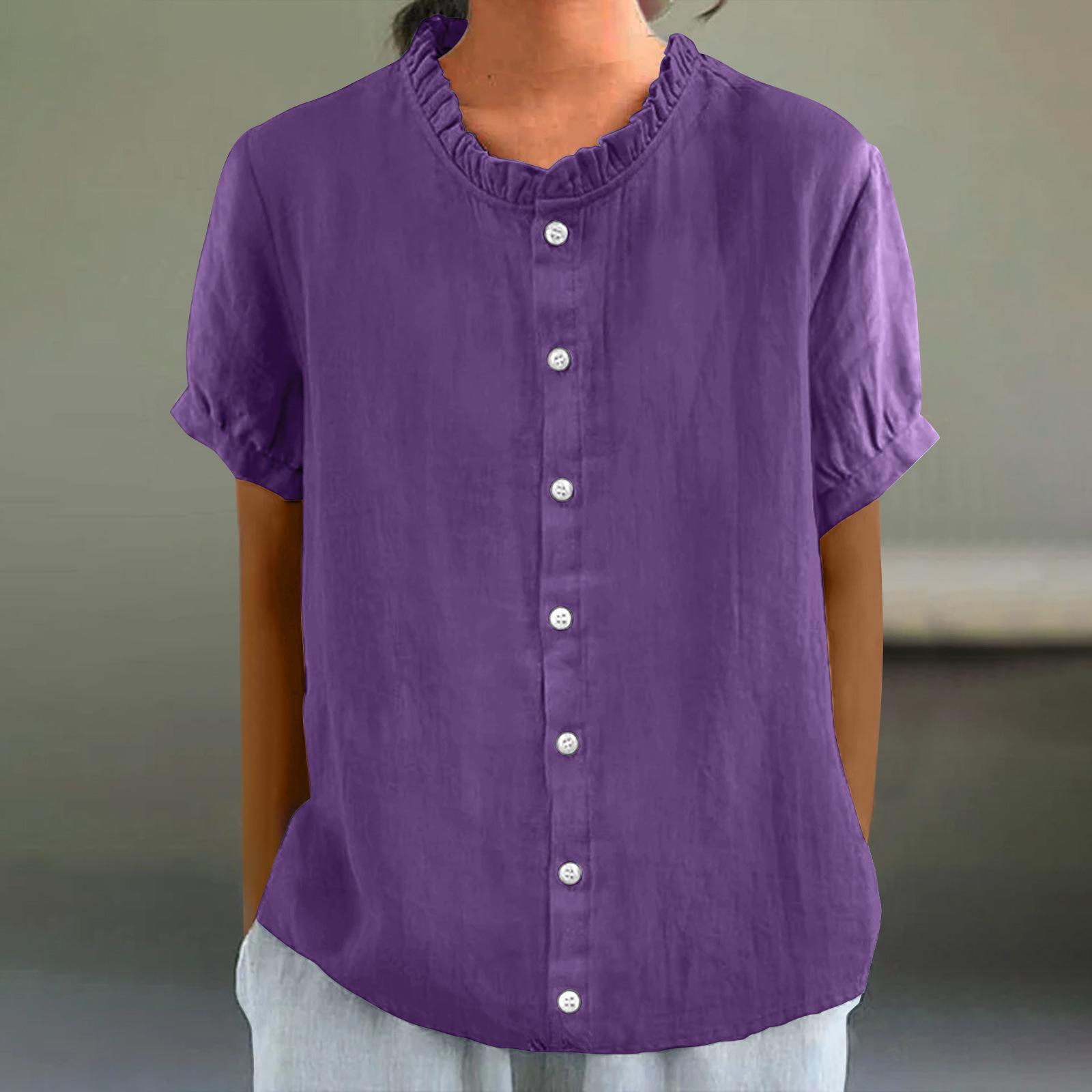 

Summer Stand Collar Button Decoration Pure Color Short-sleeved Women s T-shirts XL фіолетовий