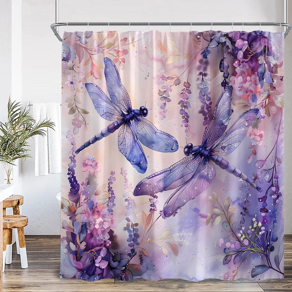 Vintage Dragonfly Shower Curtain Insect Plant Purple Flower Wistera Daisy Bathroom Decor Polyester Bathtub Curtain with Hooks