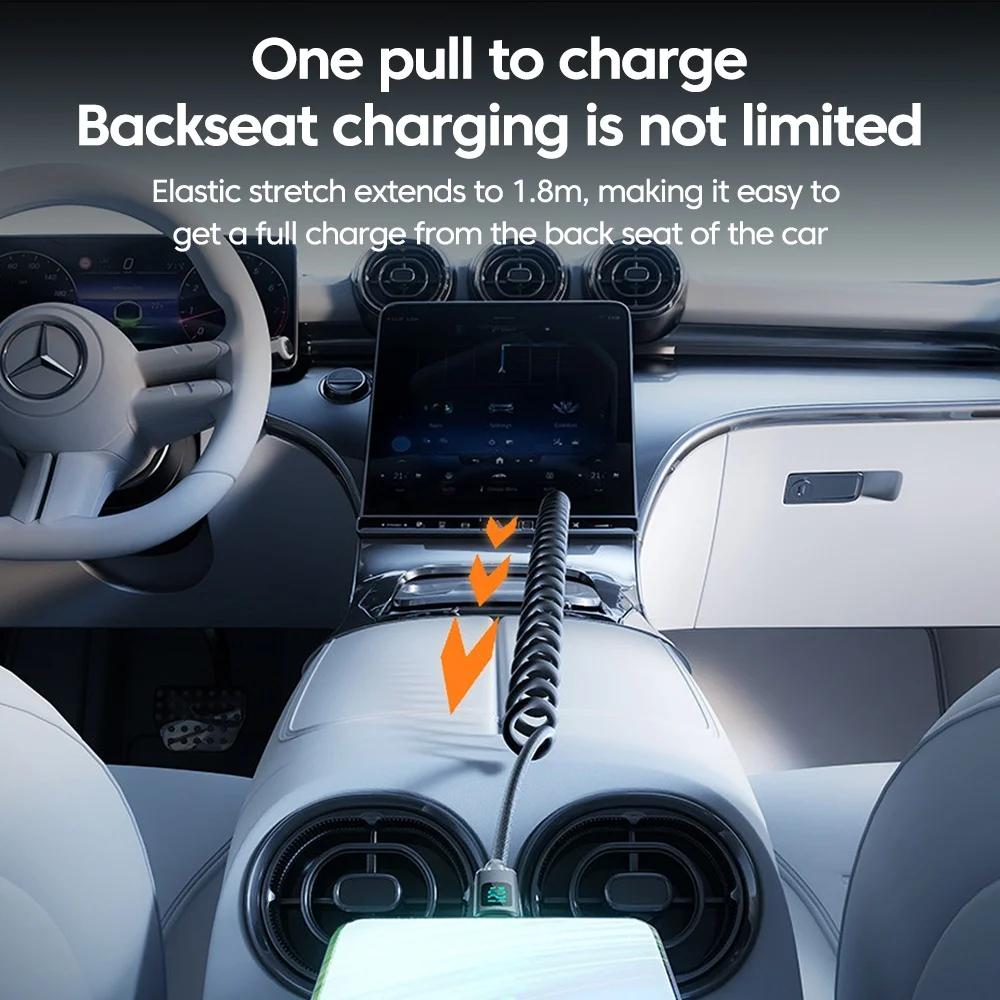 120W Car Spring Data Cable Digital Display Retractable USB C To Type C Fast Charging Cable for iPhone 15 Samsung Huawei Xiaomi