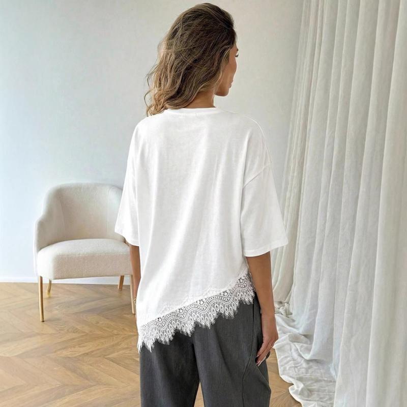 2026 Women's Short Sleeve Asymmetrical Lace Patchwork T-Shirt Loose Bat Sleeve Top