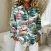 Women's Christmas Printed Button Up Long Sleeved Casual Regular Shirt With Collar Top