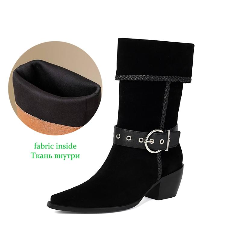 Krazing Po Flock Winter Pointed Toe Size 33 Western Boots Size 43 Metal Buckle Thick Heels Mid-calf Boots