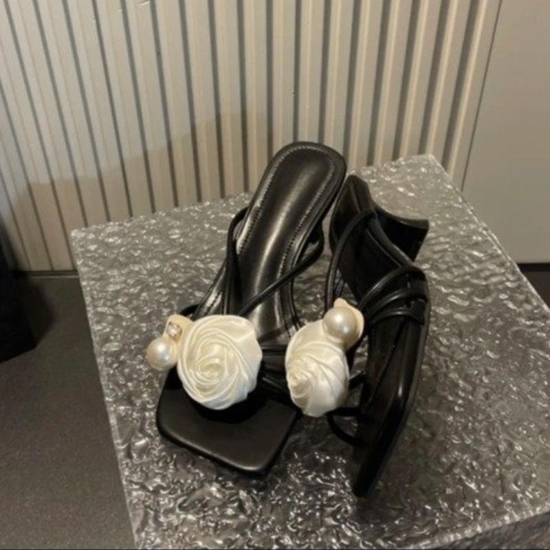 

Модная обувь Тапочки Женские Летние Шлепанцы Тонкий Каблук Модные Мюли на Каблуке Цветок Низкие Пантофли Роскошные Высокие 2025 Рим Резина Цветочный Тканевы 35 чёрный