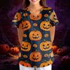 Women's Halloween Print V-Neck Short Sleeve Scrub Top with Pockets, Loose Fit