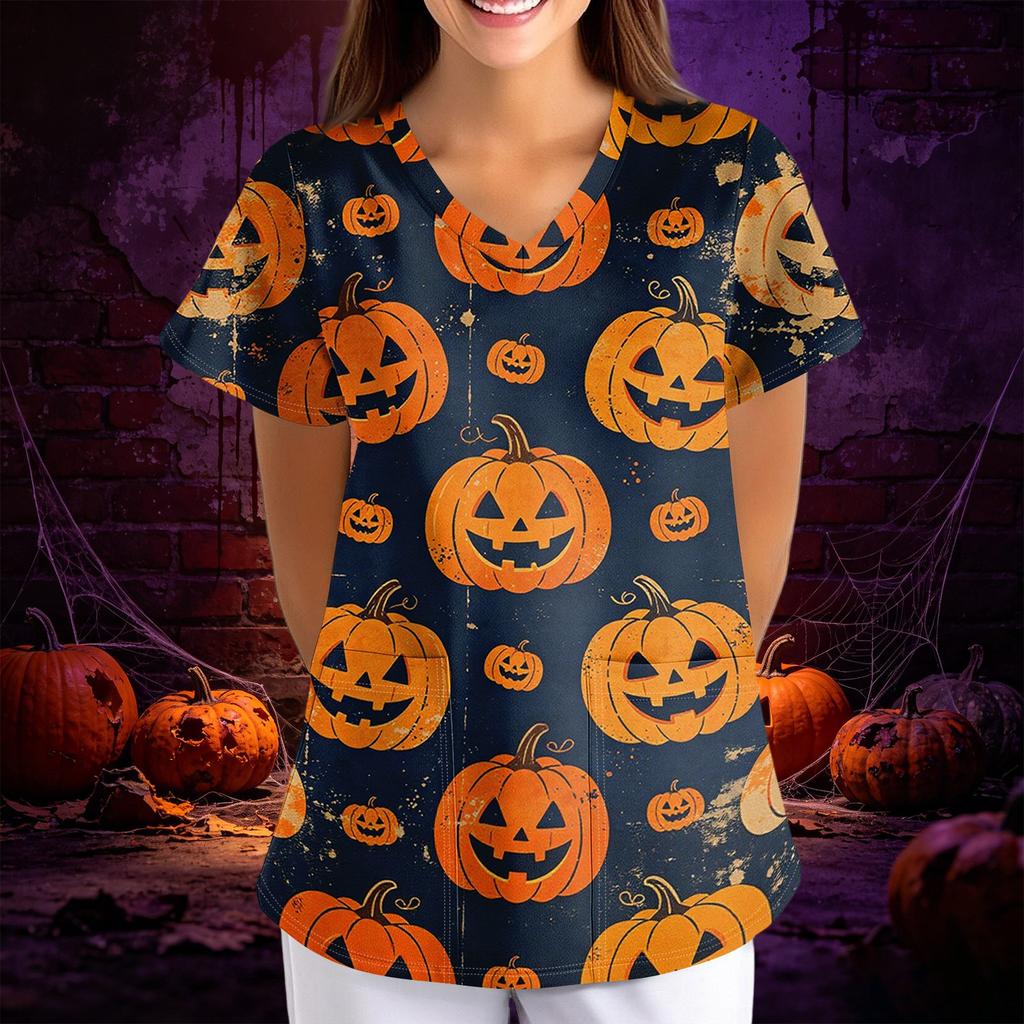 Women's Halloween Print V-Neck Short Sleeve Scrub Top with Pockets, Loose Fit