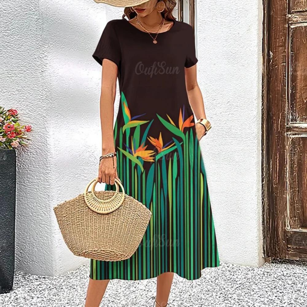 Letnie luźne i eleganckie ubrania damskie Kwiecista sukienka z krótkim rękawem Sukienka na imprezę wieczorową Okrągły dekolt Sweter Ubrania uliczne