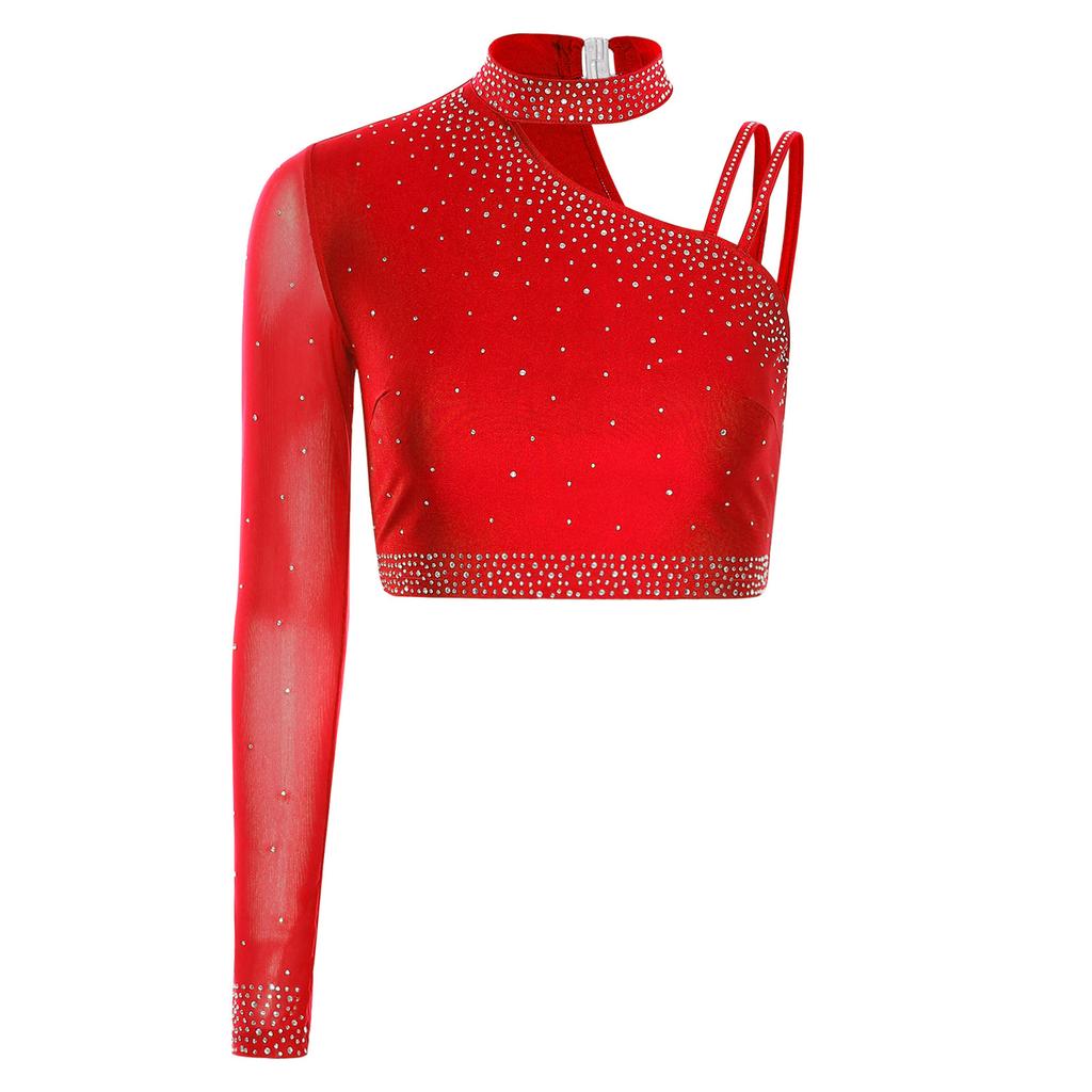 S-XXL Damen Tanz Crop Top: Asymmetrisches, glitzerndes Oberteil mit einem langen Ärmel und Strasssteinen für Bauchtanz, Chacha, Tango