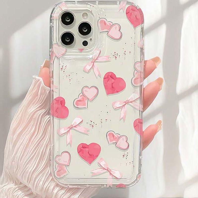 Full Screen Pink Bow Love Applies To Apple 17 Mobile Phone Case iPhone16/15/14 Transparent Airbag Case 13