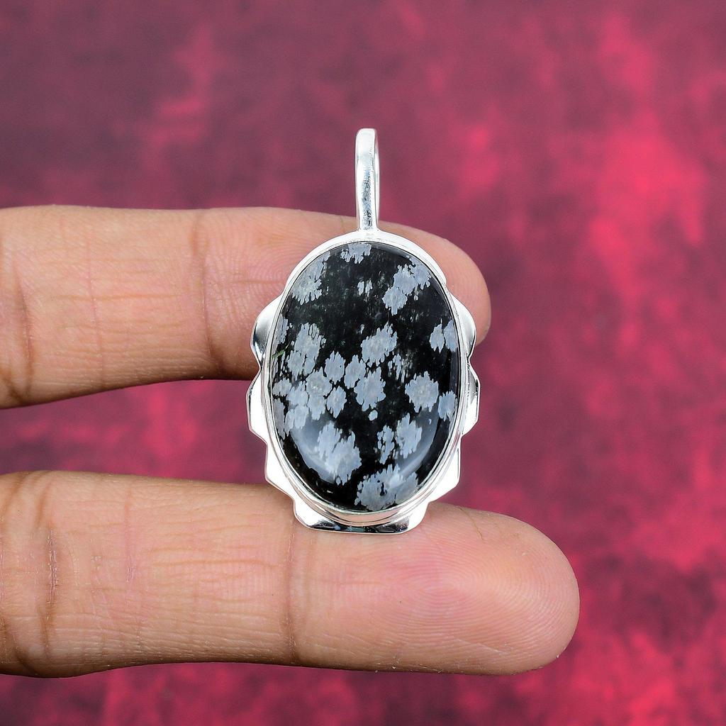 Wisiorek z obsydianu w kształcie płatka śniegu, 925 solidne srebro próby 925, ręcznie robiony delikatny wisiorek z kamieniami szlachetnymi, dla niej