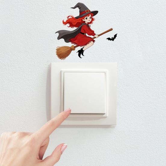 Festive Party Ornaments Halloween Switch Sticker, Witch Riding Broom Light Decal, Easy Apply Wall Stickers Self-Adhesive for Bedroom Living
