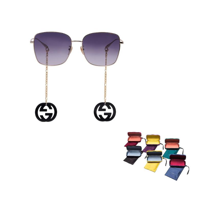 GUCCI Maze Chain Grey Double G Chain Metallic Trend Vintage Metal Square Sunglasses Women's Style