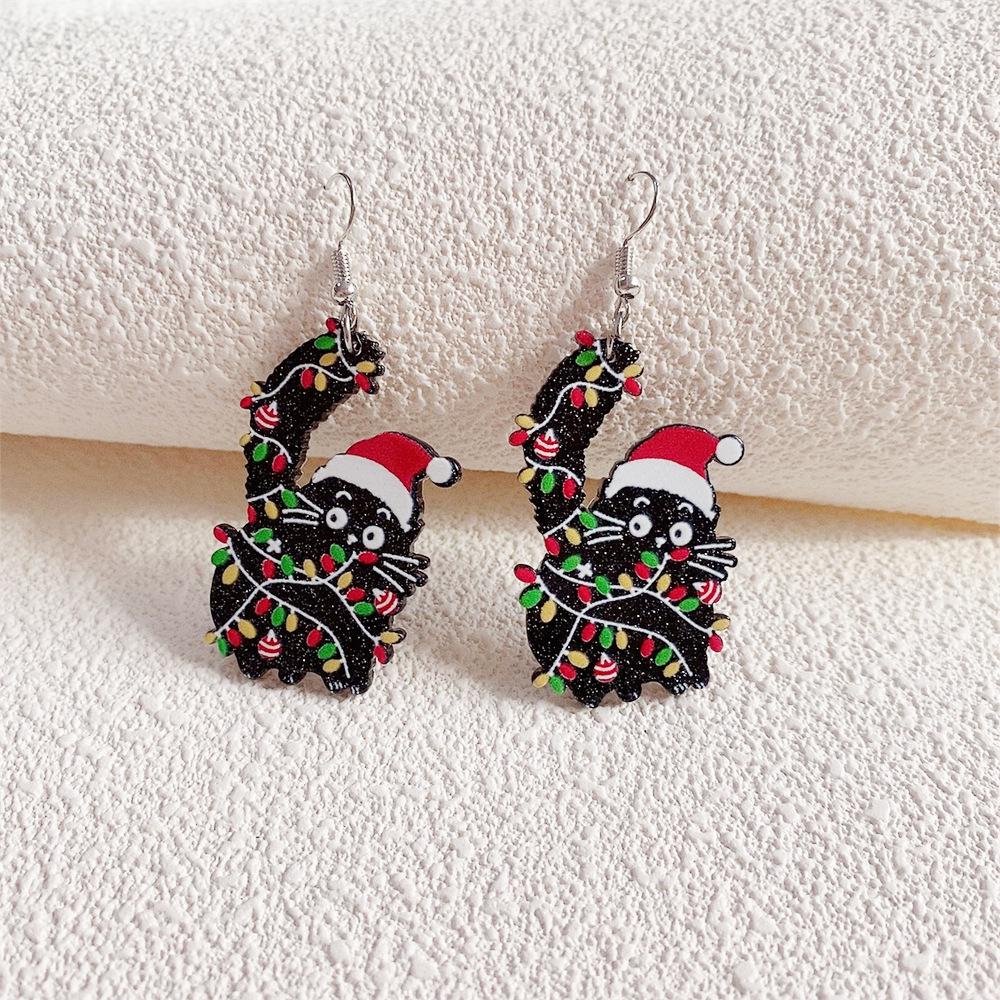 Acrylic Glitter Black Cat Santa Hat Earrings - Christmas Festival Dark Style Accessories
