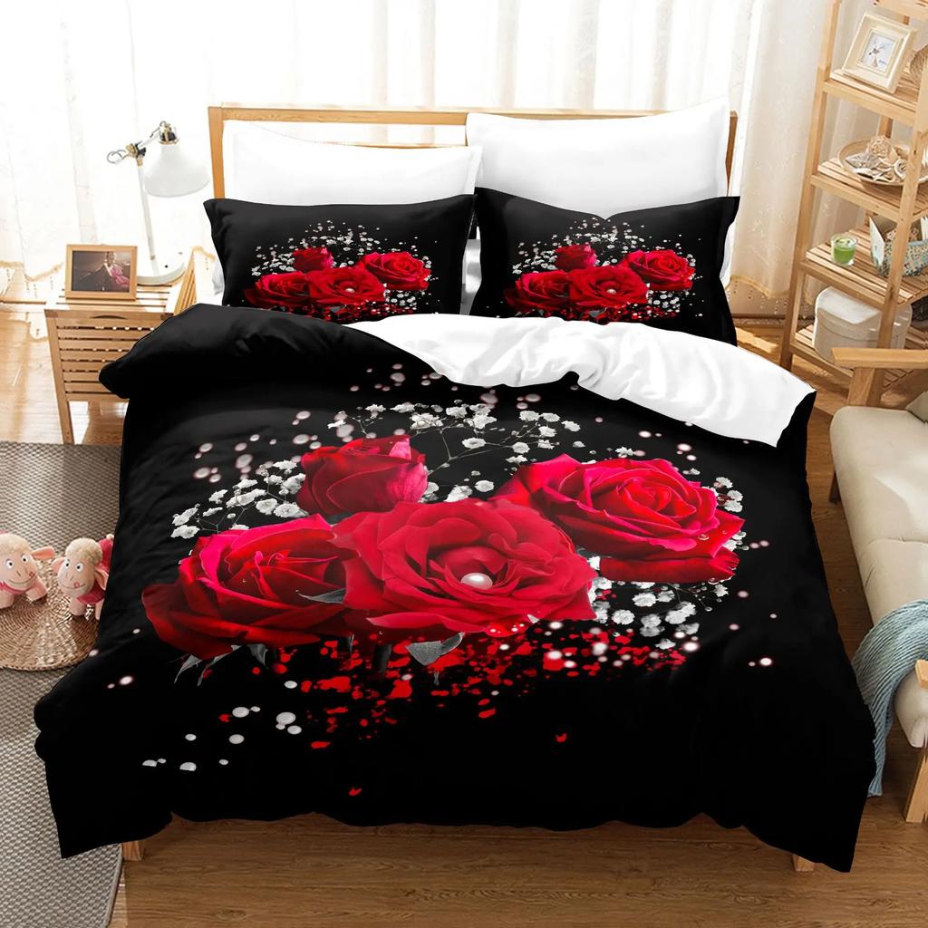 Flor Rosa Vermelha Roupa de Cama de Casamento Super Confortável Tamanho Casal King Capa de Edredom 2 Peças Fronha Têxtil para Casa Conjuntos de Capas para Camas