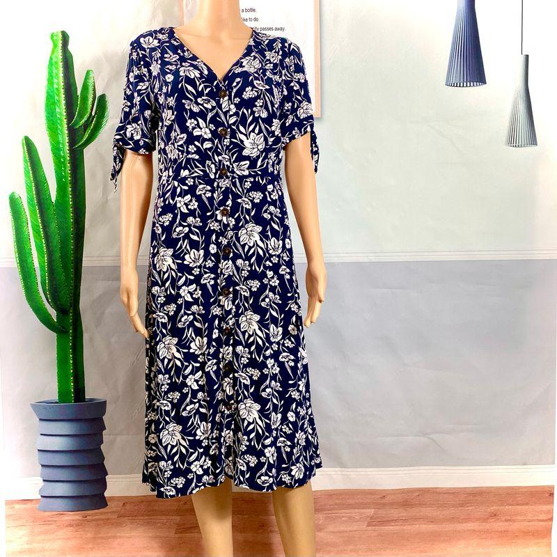 

Export European and American Single Cut Label Rayon Polka Dot Short Sleeve High Waist Dress Silm Elastic Band Waist-Controlled Large Hem Dress Blue Print S