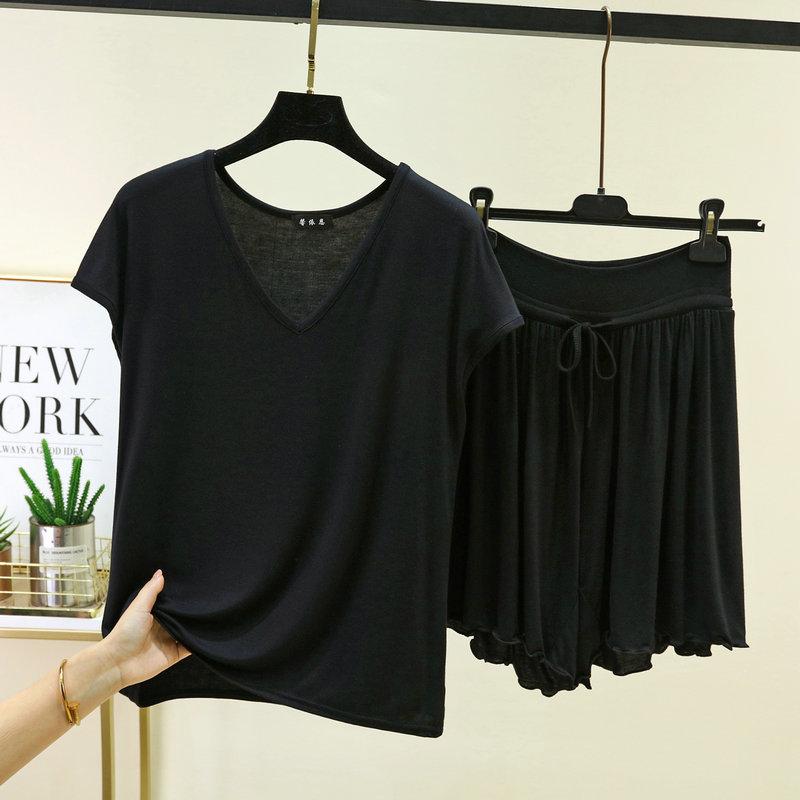 

Женские модальные короткие пижамные комплекты размера от M до 6XL, футболки без рукавов с V-образным вырезом и отделкой рюшами, шорты с высокой талией, комплект для отдыха из 2 предметов, домашняя одежда M