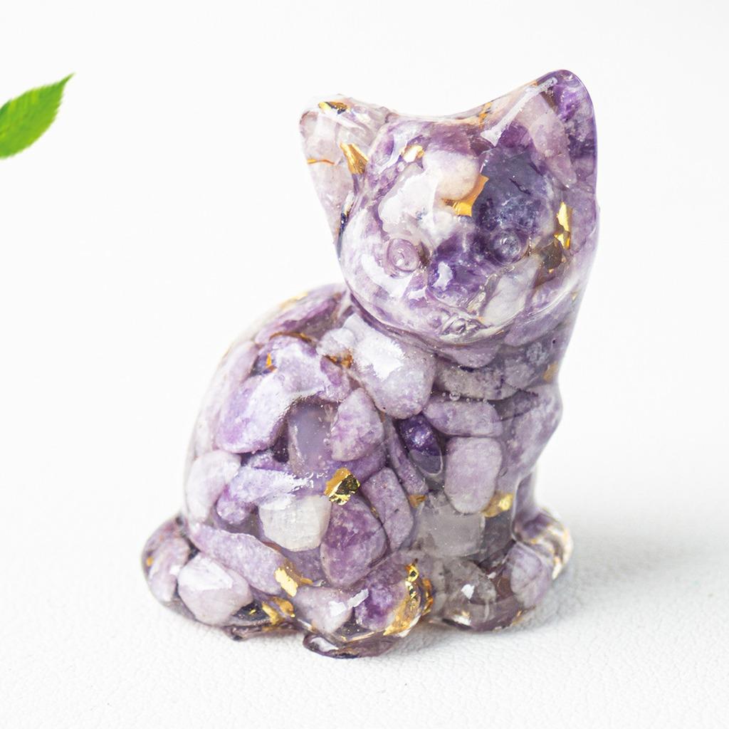 Natural Crystal Gravel Resin Sitting Turning Face Cat Figurine With Gold Foil Cute Desktop Decor For Home Office